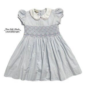 Marco & Lizzy 6X Blue Seersucker Rosebud Smocked Dress